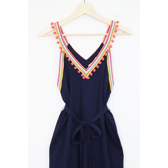 NWT Boden Pom Pom Trim Jersey V-Neck Dress Sleeveless Woven Stripe Navy Marine 8 - Picture 7 of 9